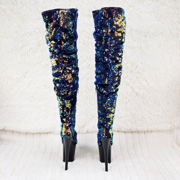 Sequin Platform 8" Heels Thigh High Slouch Boots Flamingo 3004 - Picture 8 of 16